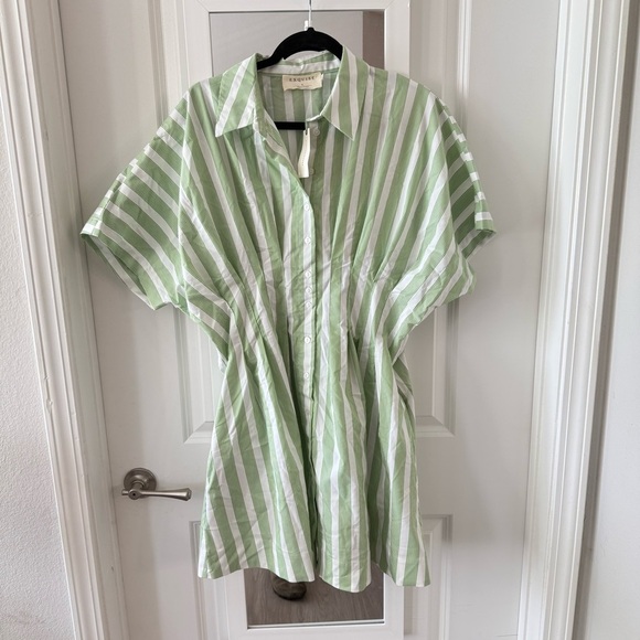 New Anthropologie EXQUISE TOBI MINI SHIRT DRESS GREEN STRIPE - XL - Picture 1 of 7